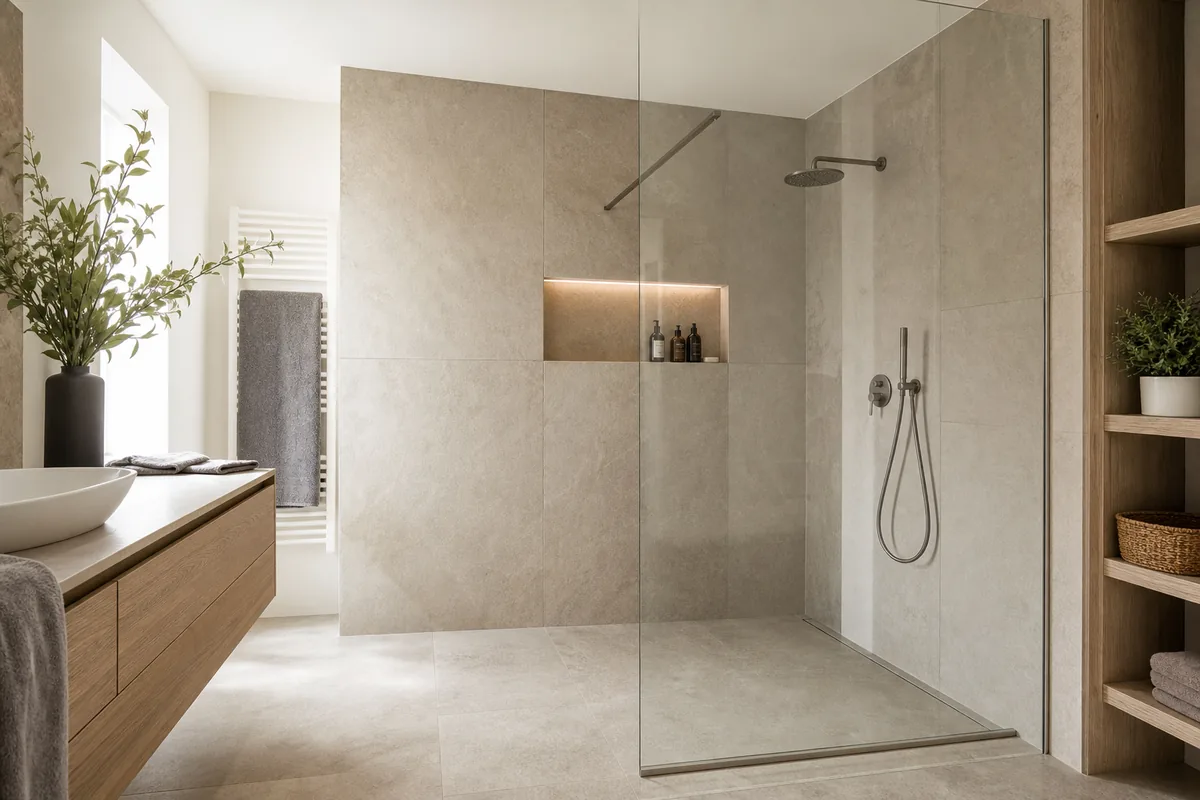 Douche à l'italienne de plain-pied avec paroi vitrée et carrelage effet pierre