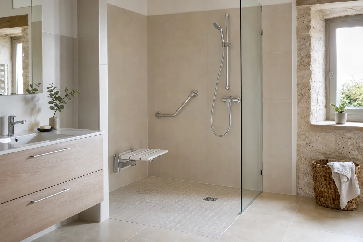 Douche adaptée avec barre d'appui, siège rabattable et ressaut minimal dans une salle d'eau de plain-pied