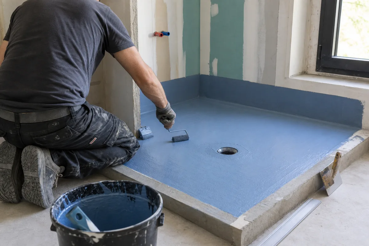 Application du système d'étanchéité liquide sur le sol d'une douche avant la pose du carrelage