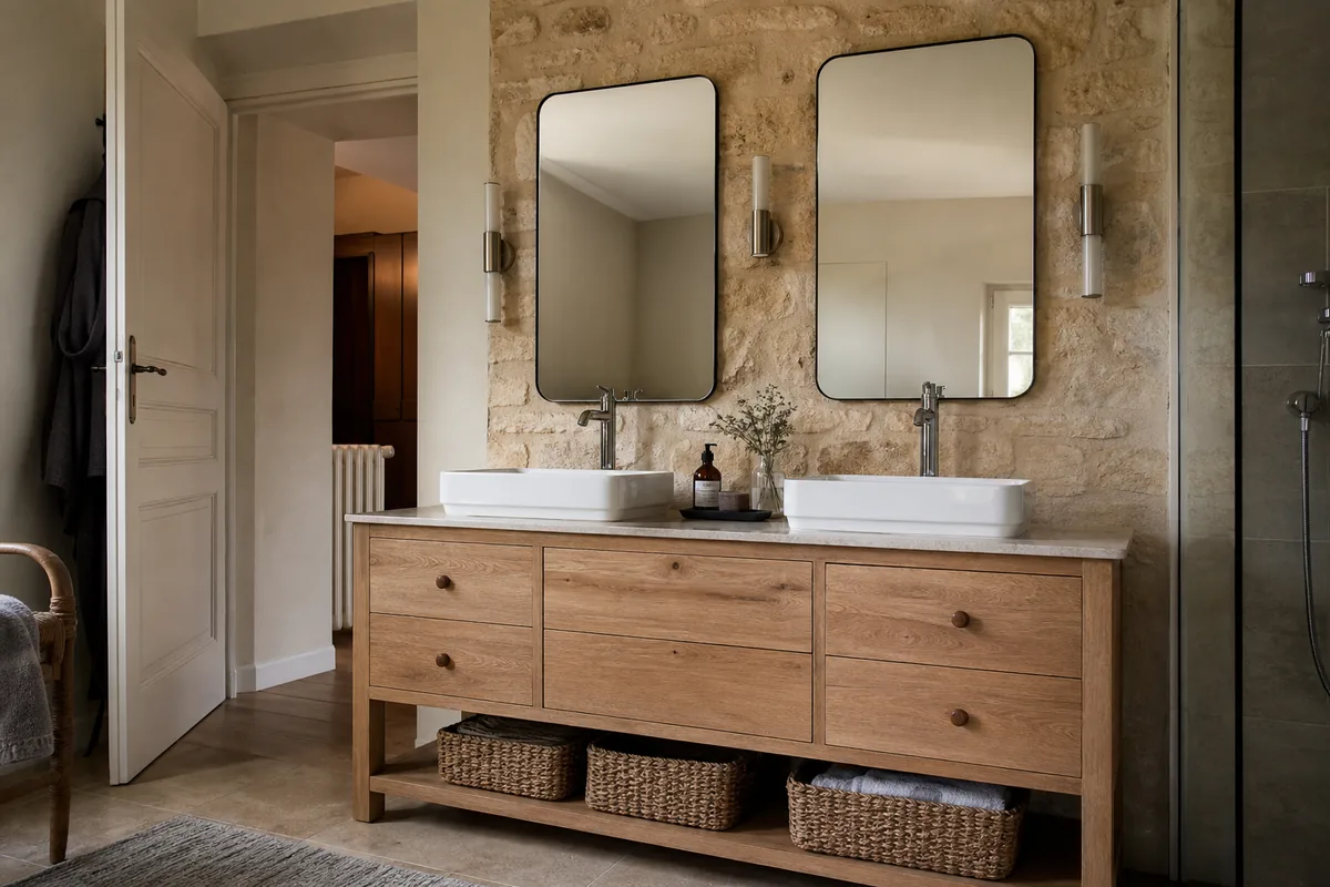 Meuble double vasque installé dans une salle de bains de maison de bourg avec mur en pierre apparente